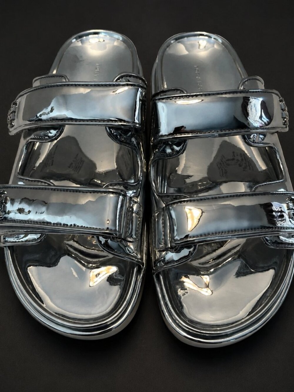 NEW TORY BURCH KIRA SPORT SLIDE SANDALS MIRRORED METALLIC ARGENTO SILVER